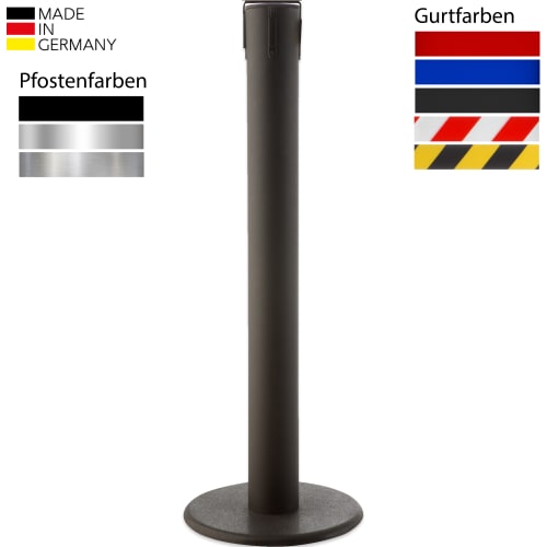 Gurtabsperrpfosten HYPERION GLA 86 in schwarzer Farbe mit rundem Fuß und austauschbarem Gurt von WACHTWERK X