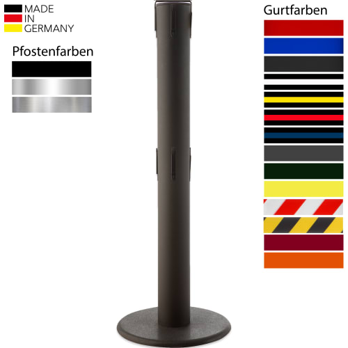 Gurtabsperrpfosten KRONOS GLA 89 in schwarzer Farbe mit rundem Fuß und verschiedenen Gurtfarben, Made in Germany