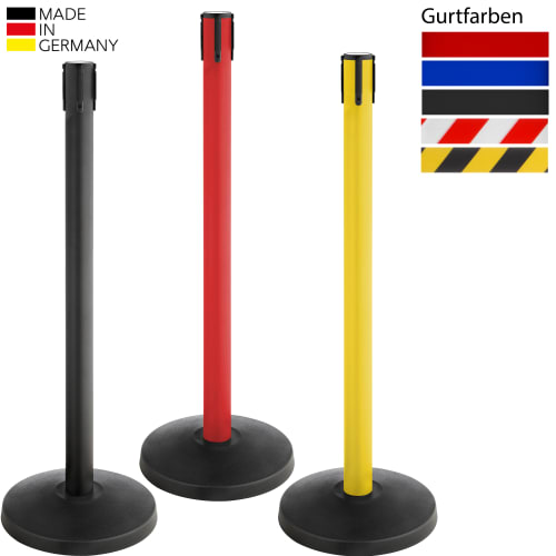 Gurtabsperrpfosten ALLROUND (ALA) in schwarz, rot und gelb mit Gurtlänge 3 Meter und verschiedenen Gurtfarben