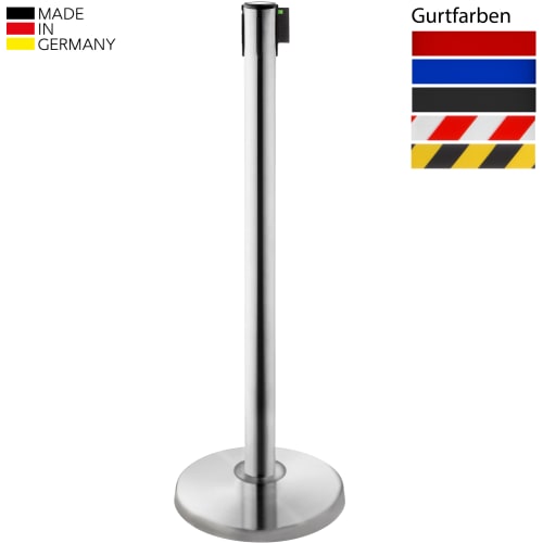 Edler Gurtabsperrpfosten ALLROUND ALA 100 aus Edelstahl mit Gurtlänge 3 Meter, verschiedene Gurtfarben, Made in Germany