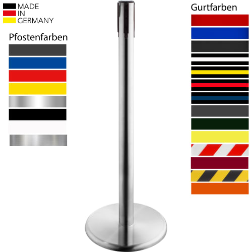 Edler Gurtabsperrpfosten HARMONY GLA 46 aus Edelstahl mit 10 cm breitem Gurtband, verschiedene Pfosten- und Gurtfarben, Made in Germany