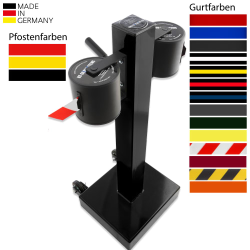 Gurtabsperrpfosten DOUBLE GLA 2000 mit doppelter Gurtkassette in schwarzer Farbe, Made in Germany, mit verschiedenen Gurtfarben zur Auswahl