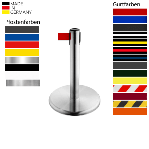 Edler Gurtabsperrpfosten FUTURE GLAK 45 aus Edelstahl mit rotem Absperrband und 0,5 m Pfostenhöhe