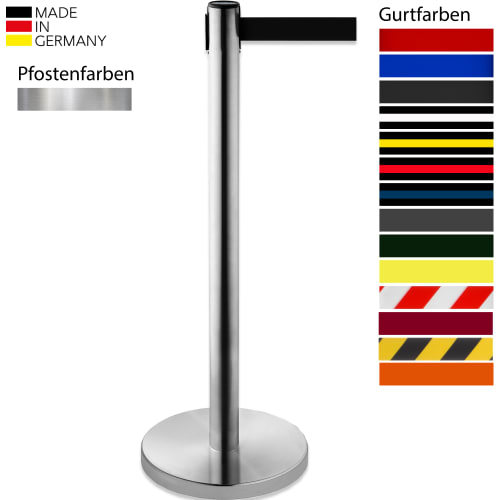 Gurtabsperrpfosten PEGASUS GLA 55 aus Edelstahl mit schwarzem Absperrband, Made in Germany