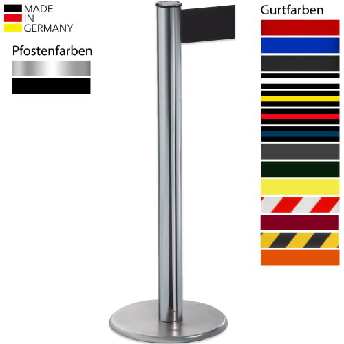 Gurtabsperrpfosten FENIX GLA 75 mit 10 cm breitem schwarzem Gurtband und Edelstahlpfosten, Made in Germany