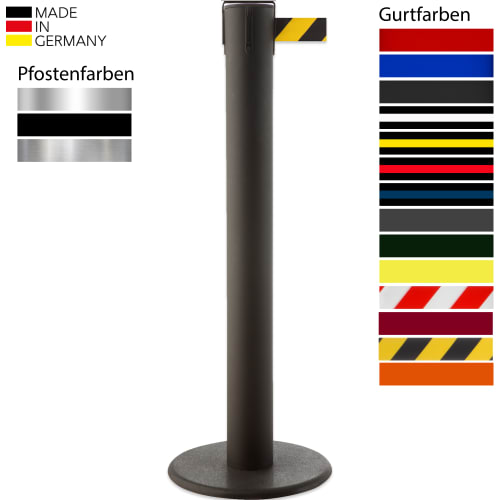 Gurtabsperrpfosten TITAN GLA 85 in schwarzer Farbe mit extra langem gelb-schwarzem Gurt, Made in Germany