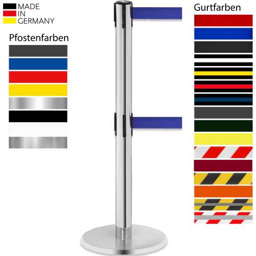 Gurtabsperrpfosten DUAL GLA 95 mit Doppelgurt in Blau, Edelstahlpfosten mit rundem Fuß, verschiedene Pfosten- und Gurtfarben verfügbar, Made in Germany