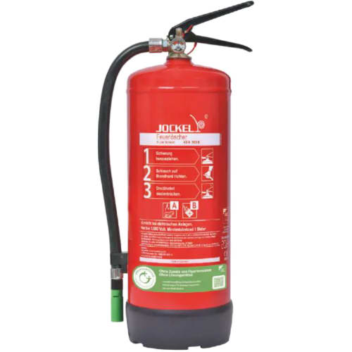 Roter Schaumkartuschen-Dauerdruck-Feuerlöscher S9LJ(M) 43 GREEN 2.0 von Jockel mit schwarzem Schlauch und grünem Düsenaufsatz