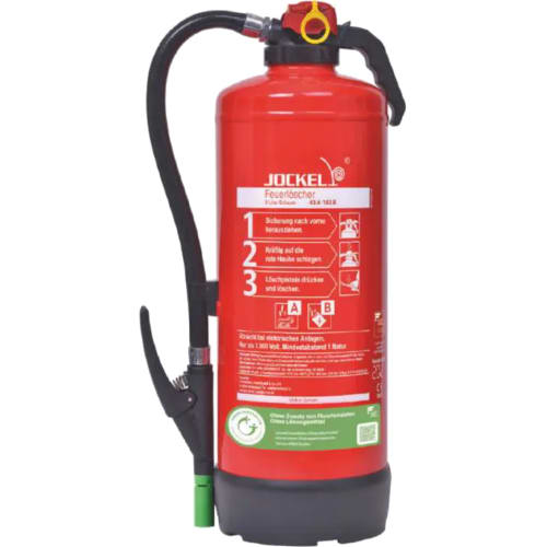 Roter Schaumkartuschen-Auflade-Feuerlöscher S9JX 43 GREEN 2.0 von Jockel mit schwarzem Schlauch und grünem Aufsatz