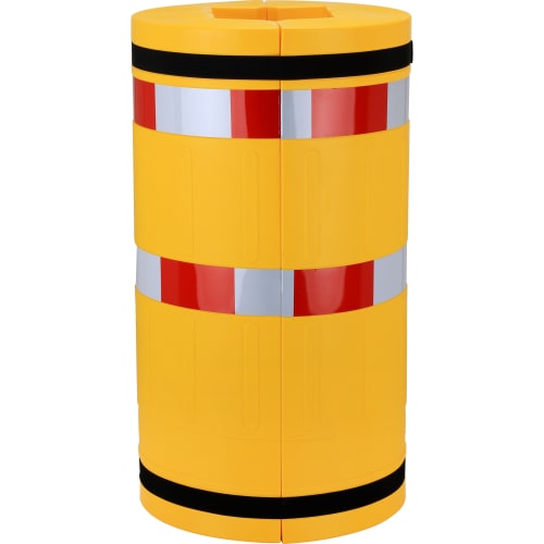 Gelber Säulenschutz mit roten und weißen reflektierenden Streifen