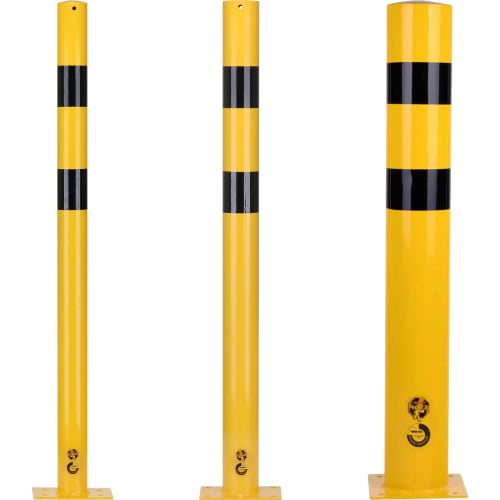 Rammschutzpoller B&S BASIC PRO gelb mit schwarzen Streifen, drei Ansichten