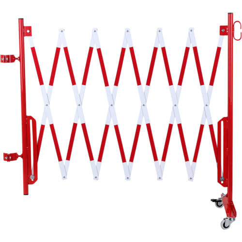 Rotes und weißes Scherengitter FLEX mit Montagekit, Absperrpfosten und Rollen, ausziehbar und mobil