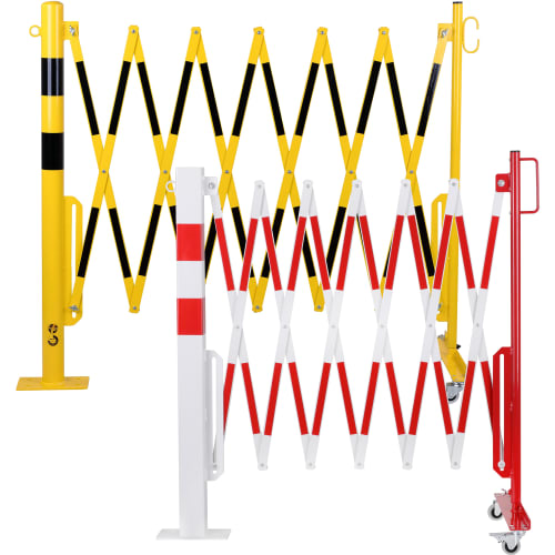 Scherengitter FLEX mit Absperrpfosten in gelb-schwarz und rot-weiß zum Aufdübeln und Rollen, faltbar und mobil
