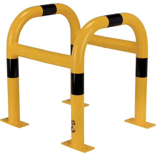 Gelber Stahl-Pfostenschutz mit schwarzen Markierungen zum Schutz von Pfosten