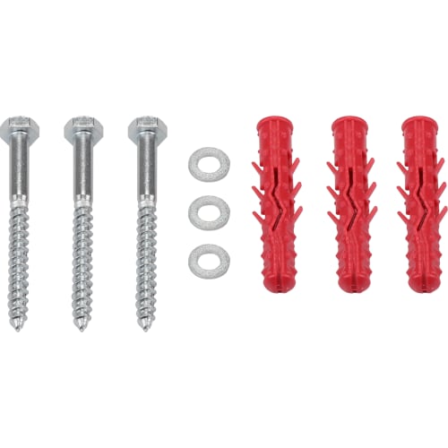 Befestigungsmaterial für flexiblen Absperrpfosten Swing Back mit Schrauben, Unterlegscheiben und roten Dübeln