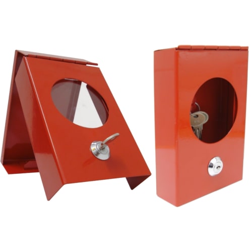 Roter Notschlüsselkasten mit Schlüssel und transparentem Sichtfenster