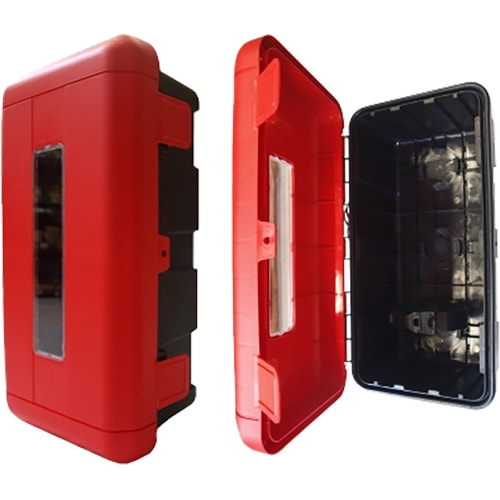 SPEED BOX Schutzbox in Rot für 6 bis 12 kg Feuerlöscher mit Sichtfenster und geöffnetem Deckel
