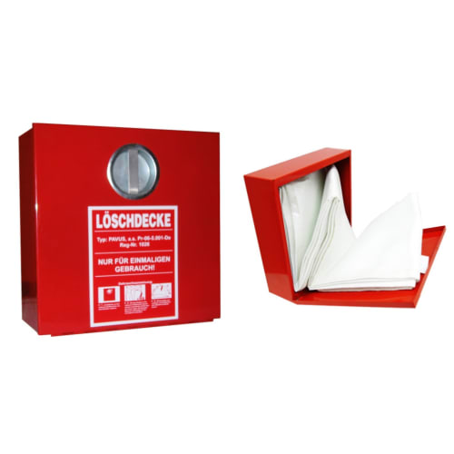 Roter Löschdeckenbehälter ohne Löschdecke, geöffnet mit gefalteter weißer Löschdecke, für Löschdecken bis 1800 x 1600 mm