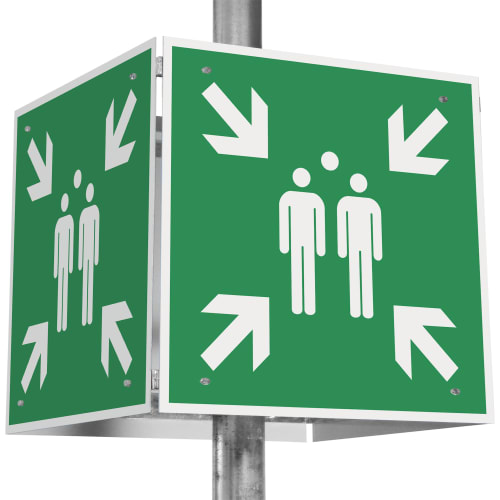 Grünes Sammelstelle Schilder-Set Würfel mit weißen Piktogrammen von zwei Personen und Pfeilen, die auf den Sammelpunkt hinweisen