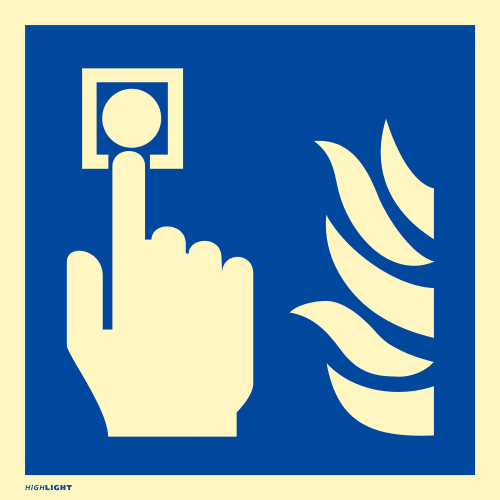 Hausalarm Brandmelder Symbol mit Hand, die einen Knopf drückt, und Flammen auf blauem Hintergrund