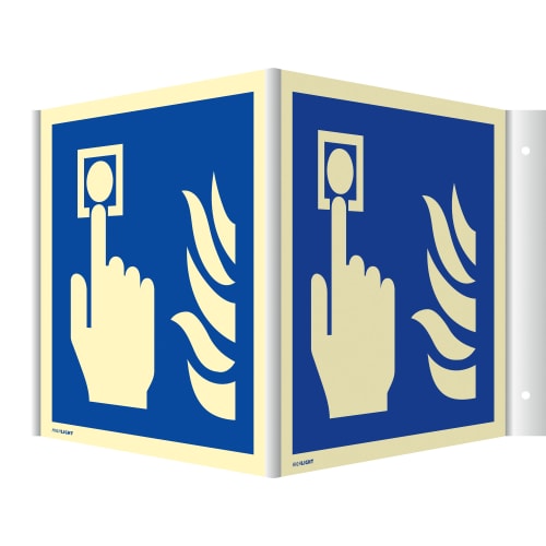 Nasenwinkelschild Hausalarm Brandmelder mit Hand und Flammen Symbol auf blauem Hintergrund