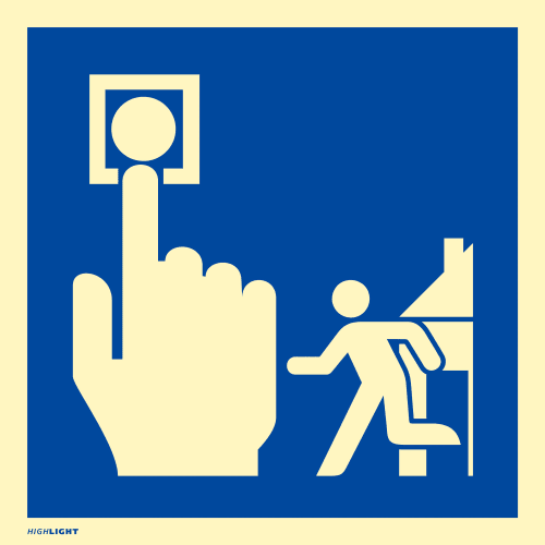 Hausalarm Brandmelder Evakuierung Schild mit Hand, die Alarmknopf drückt und Person, die Gebäude verlässt