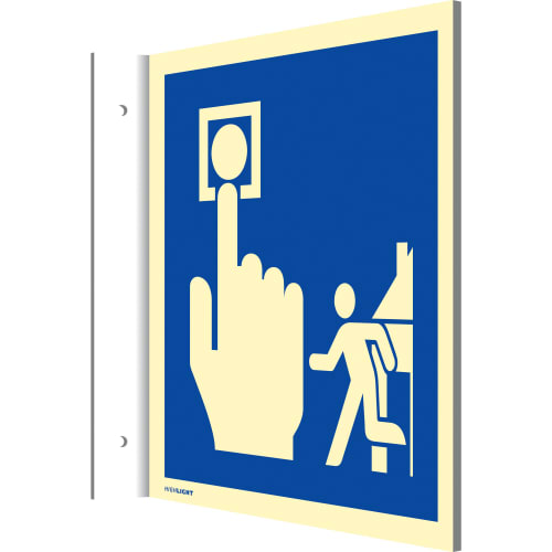 Fahnenschild Hausalarm Brandmelder Evakuierung mit Symbol Hand drückt Knopf und Person läuft aus Gebäude