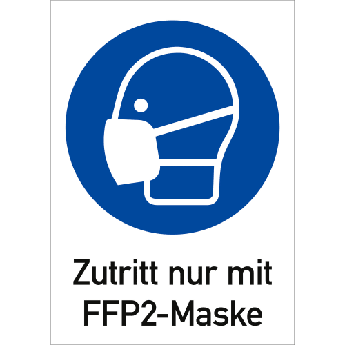 Kombischild Zutritt nur mit FFP2-Maske mit Symbol eines Kopfes mit FFP2-Maske auf blauem Kreis