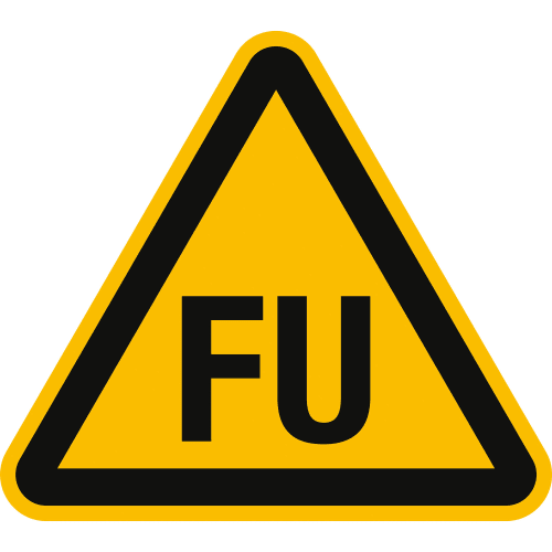 Warnschild gelbes Dreieck mit schwarzem Rand und den Buchstaben FU für Warnung für Betriebsmittel mit Frequenzumrichter