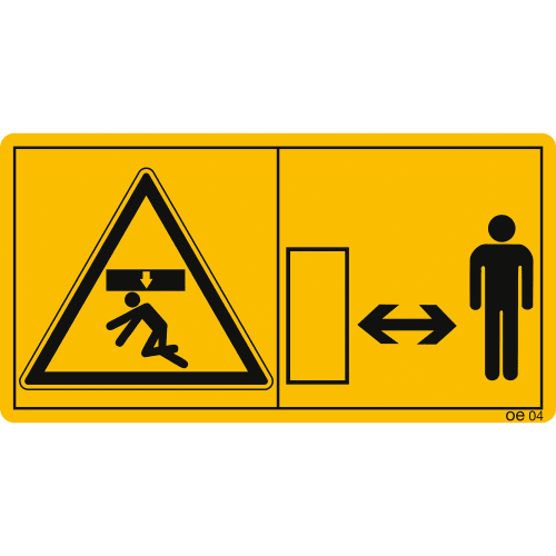 Maschinenschild Warnung Nicht im Bereich einer angehobenen ungesicherten Last aufhalten mit Piktogramm einer Person unter einer Last und Abstandssymbol