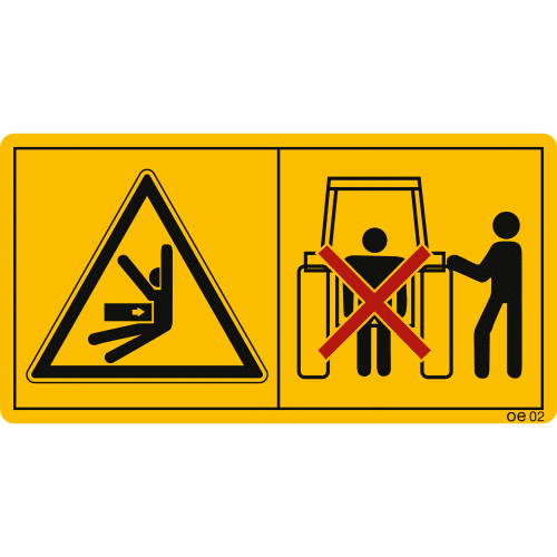 Warnschild bei Betätigung des Krafthebers außerhalb des Hubbereichs der Dreipunktaufhängung mit Gefahrensymbolen