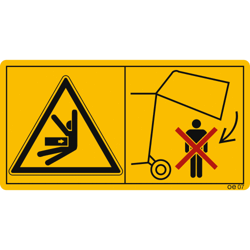 Warnschild Maschinenschild Nicht unter die angehobene Heckklappe treten, bevor Sicherung angelegt ist mit Piktogramm einer Person und rotem Kreuz