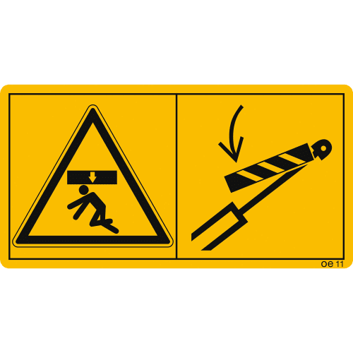 Warnschild mit Symbolen für Gefahr durch herabfallende Last und Hubzylindersicherung