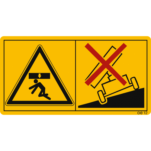 Warnschild Maschinenschild Anhänger-Ladefläche mit Symbolen für Gefahr durch herabfallende Last und Verbot des Kippens auf weichem Untergrund oder in Schräglage