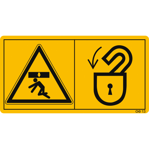 Warnschild Maschinenschild Aufenthalt im Gefahrenbereich nur bei eingelegter Sicherheitsverriegelung erlaubt mit Symbolen für Gefahr durch herabfallende Last und geöffnetes Schloss