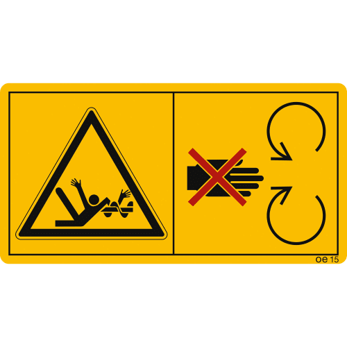 Warnschild Maschinenschild mit Hinweis Niemals in die sich drehende Schnecke greifen, gelber Hintergrund mit schwarzem Piktogramm und rotem Kreuz