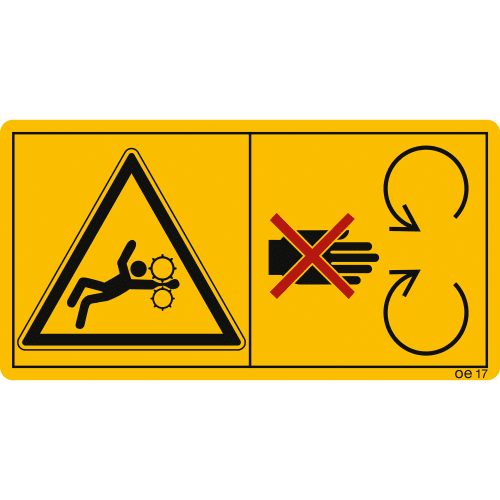 Warnschild Maschinenschild mit Symbolen für Gefahr durch drehende Maschinenteile und Hand nicht einführen