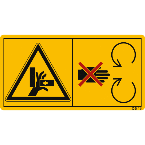 Warnschild Maschinenschild mit Hinweis: Niemals in den Nadel- und Knoterbereich greifen, solange der Traktormotor bei angeschlossener Zapfwelle läuft