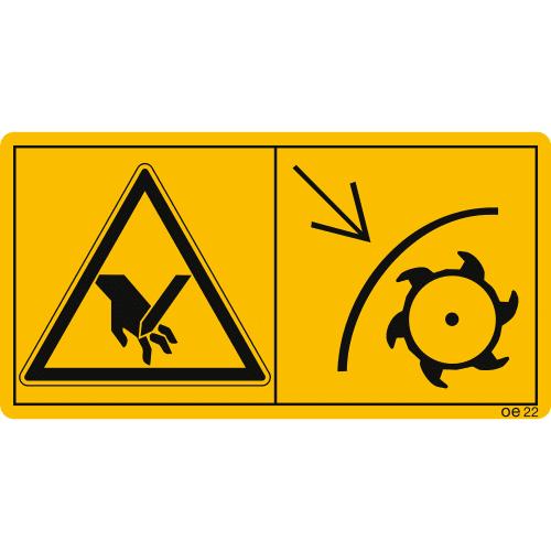 Warnschild zum Schleifen der Messer mit Schutzeinrichtung in Schutzstellung, gelbes Maschinenschild mit Symbolen für Handverletzungsgefahr und Schutzvorrichtung