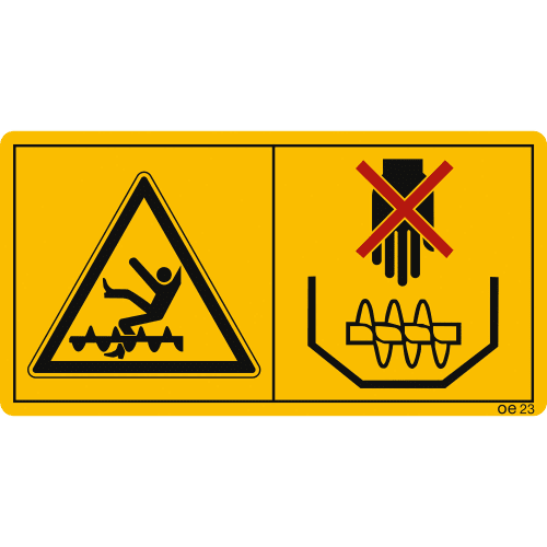 Warnschild Maschinenschild mit Symbolen: Person fällt auf rotierende Schnecke und Hand mit rotem Kreuz über Korntank