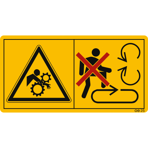 Warnschild Maschinenschild mit Symbolen für eingeklemmte Hand und Verbot, Ladefläche niemals bei eingeschaltetem Antrieb und laufendem Motor betreten