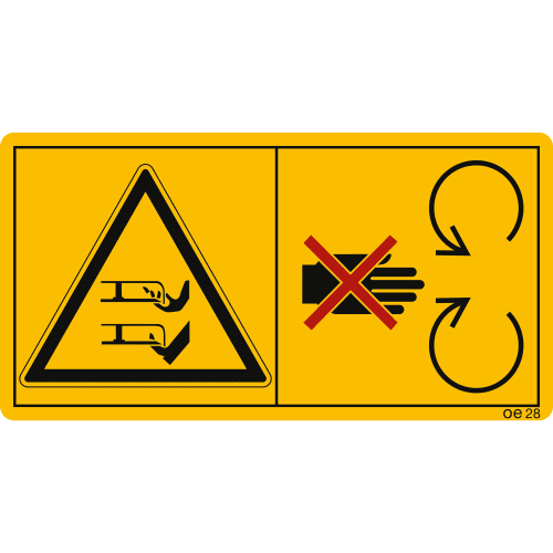 Warnschild mit Symbolen für Abstand halten und Hand nicht in rotierenden Mähmesser stecken