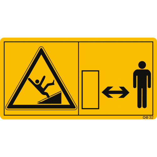 Warnschild mit Symbol für Absturzgefahr und Sicherheitsabstand zu Erntevorsatz