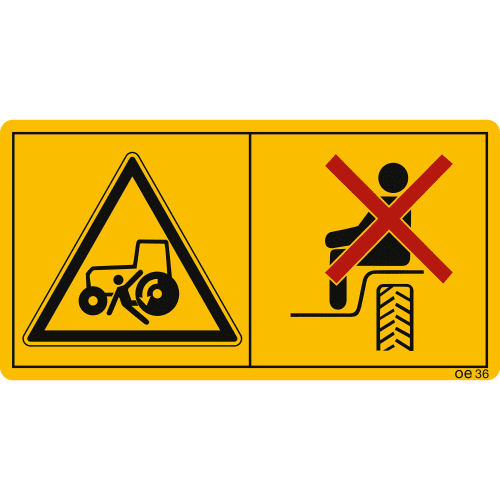 Maschinenschild Warnung: Das Mitfahren von Personen ist nur zulässig, wenn ein Beifahrersitz vorhanden ist und die Sicht des Fahrers nicht beeinträchtigt wird, mit Symbolen für Gefahr und Verbot