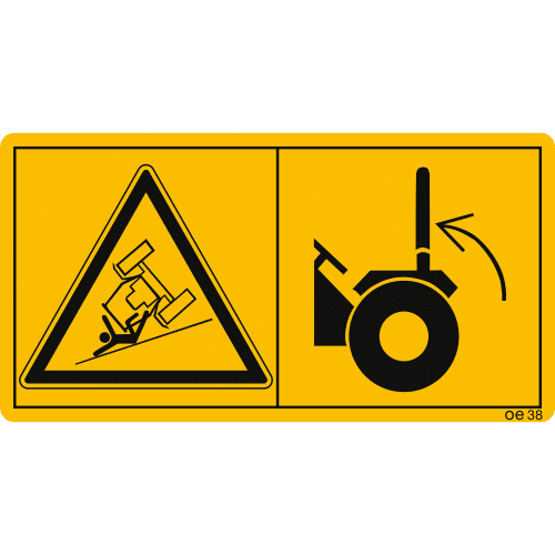 Maschinenschild mit Warnhinweis: Sofern es die Arbeitsbedingungen erlauben, muss der Überschlagbügel stets in Schutzstellung verriegelt sein, mit Symbolen für Kippgefahr und Schutzbügelposition