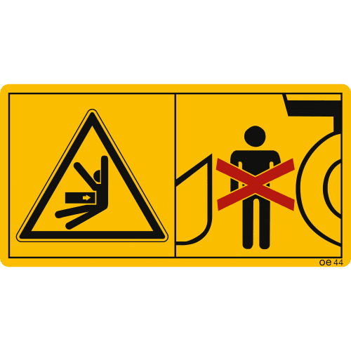 Warnschild Maschinenschild mit Symbol für Gefahr durch Vorsatzgerät, Person mit rotem Kreuz markiert, gelber Hintergrund