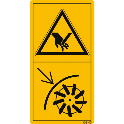 Warnschild Schutzeinrichtung zum Schleifen der Messer in Schutzstellung bringen mit Handverletzungsgefahr und rotierendem Messer
