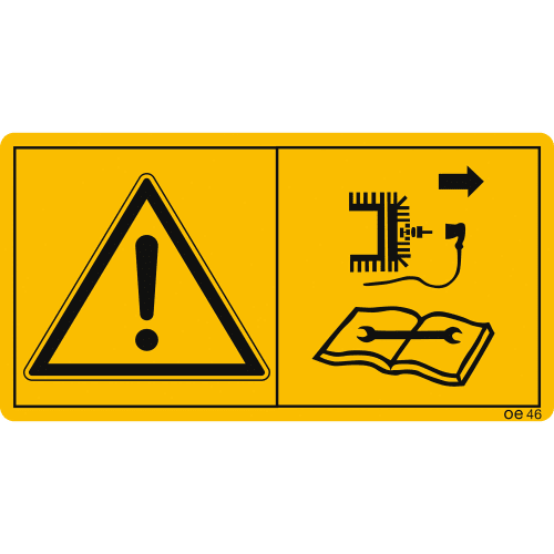 Maschinenschild Warnhinweis vor Reparatur-, Wartungs- und Reinigungsarbeiten mit Symbol Motor abstellen und Zündkerzenstecker ziehen