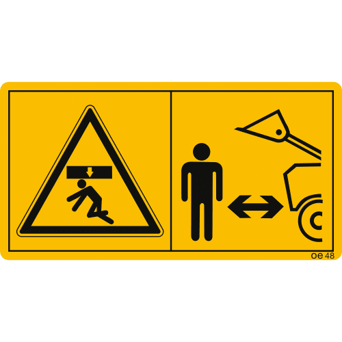 Warnschild Maschinenschild Nicht im Arbeitsbereich der Frontladerschwinge aufhalten mit Symbolen für Gefahr durch herabfallende Last und Abstand halten zum Frontlader