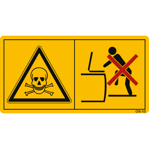 Warnschild Vergiftungsgefahr mit Totenkopf und Verbotssymbol für das Betreten eines Behälters